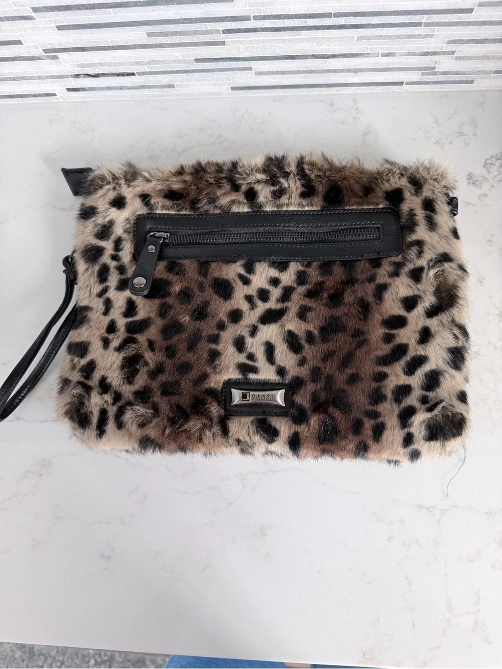 Vintage Joanel Leopard Print Faux Fur Crossbody Clutch - Black Trim